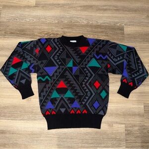 Vintage 80s/90s Meister Neon Geometric Wool Blend Ski Pullover Sweater Medium